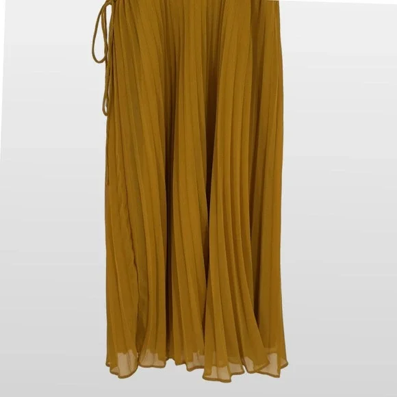 ASOS Pleated Midi Dress 4 Mustard Yellow Spaghetti Strap Elegant Wedding Guest - Picture 6 of 9